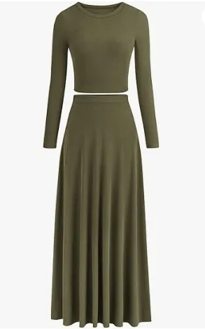 Casual Rib Knitted Long Sleeves Cropped Top Extra Long Piaise Skirt With Suit - Army Green