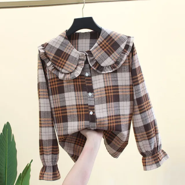 Long Sleeve Inner Wear Korean Loose Cotton Doll Collar Jacket Big Doll Collar Orange Plaid - Shop at LoveMi