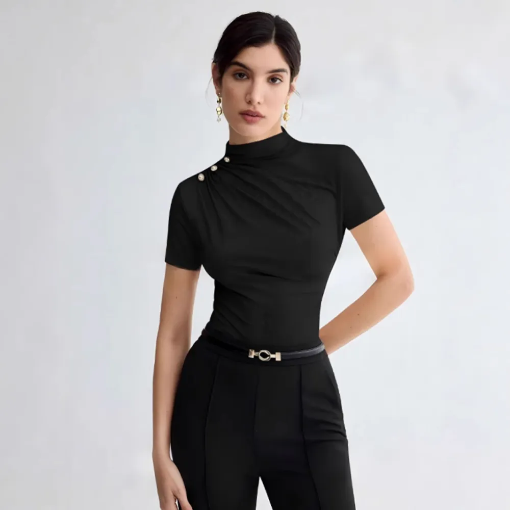 Women's Summer Solid Color Elegant Pleated Short Sleeves T-shirt