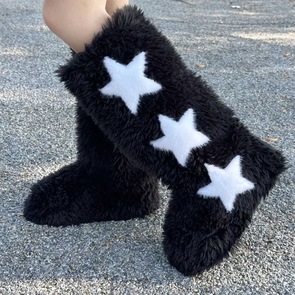 European And American Flat Heel High-top Warm Winter Long Tube Fur Boots - Black