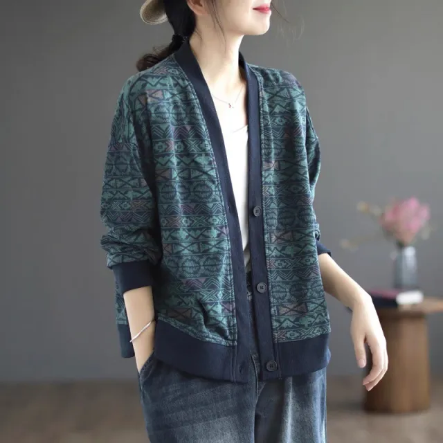 Loose Printed Long Sleeve Cardigan Short Coat Blue - Shop at LoveMi
