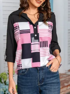 Three-quarter Sleeve European And American Ladies Fashion Printed Shirt - Red - View 1