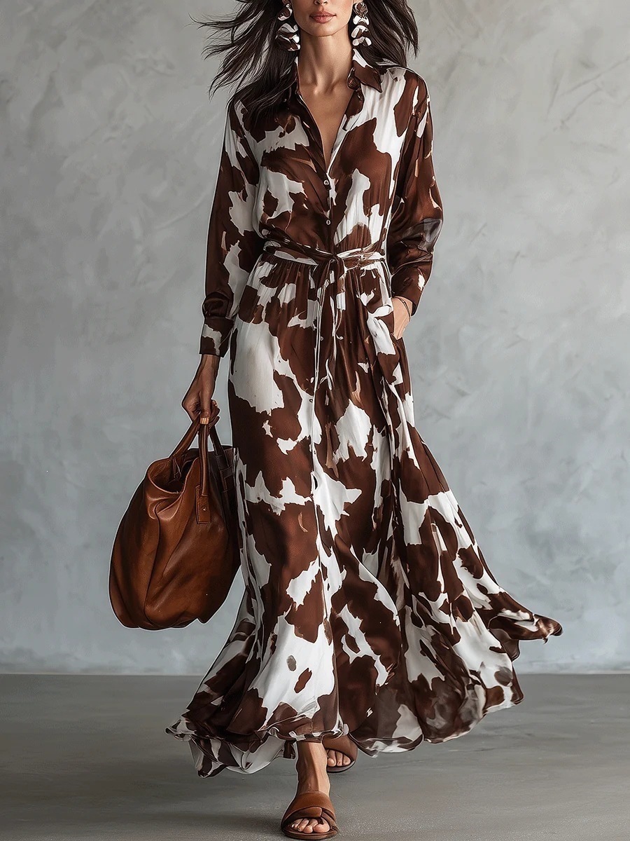 Cow Patterned Long Sleeved Shirt With Waist Cinching And Large Swing Long Dress For Women