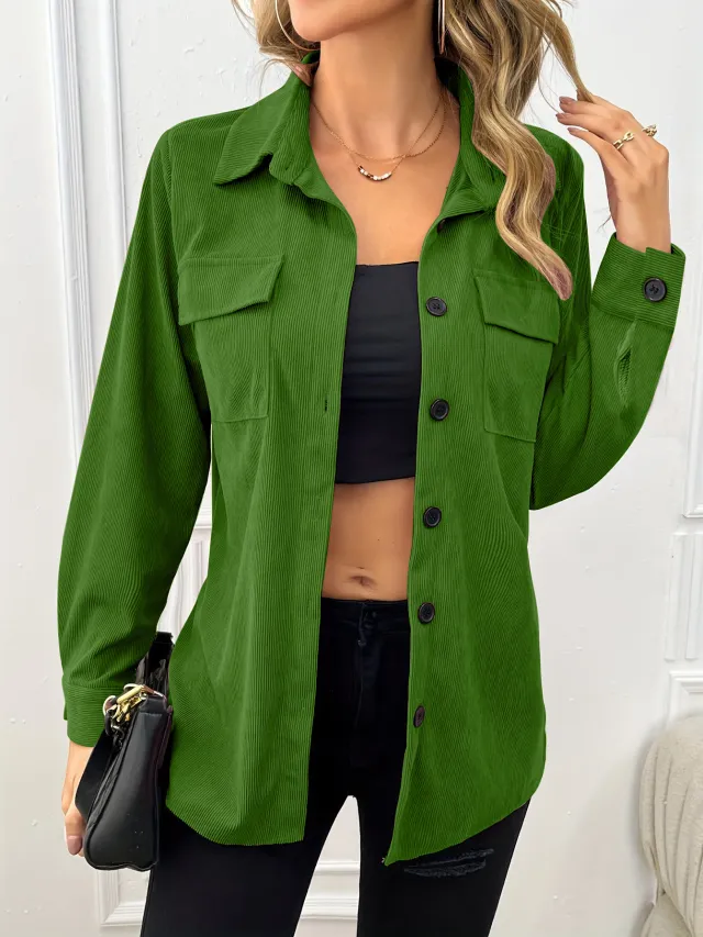 Corduroy Lapel Shirt Vintage Cardigan Pocket Shirt Coat Women Moss Green - Shop at LoveMi