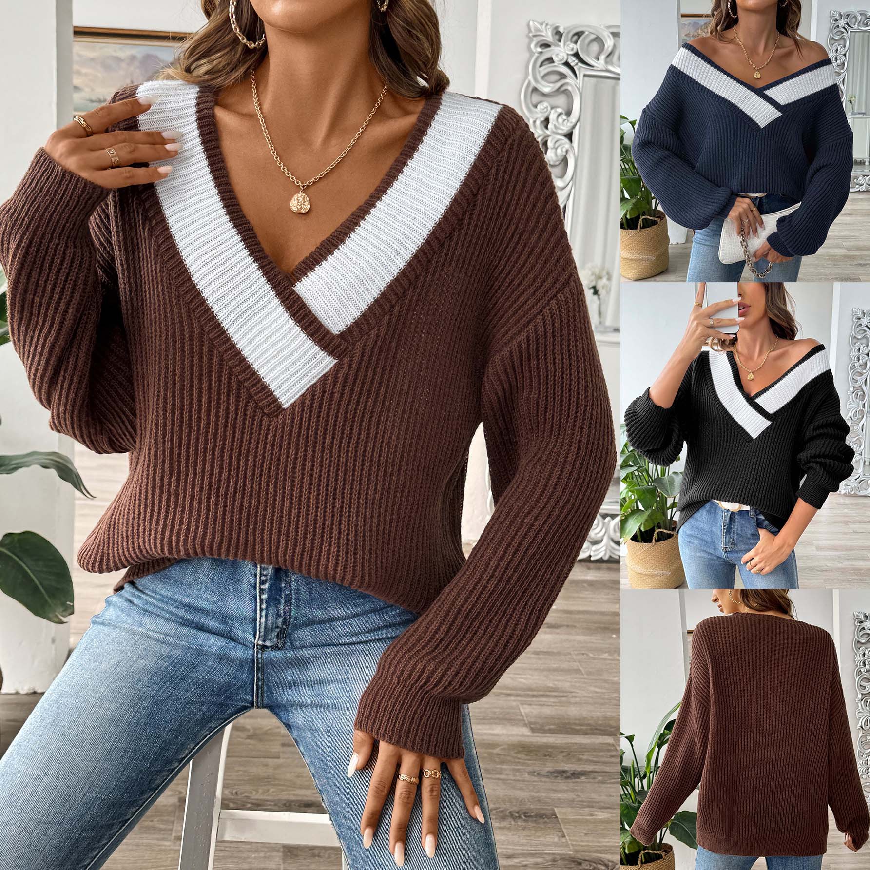 Color Contrast Patchwork Large V-neck Loose Pullover