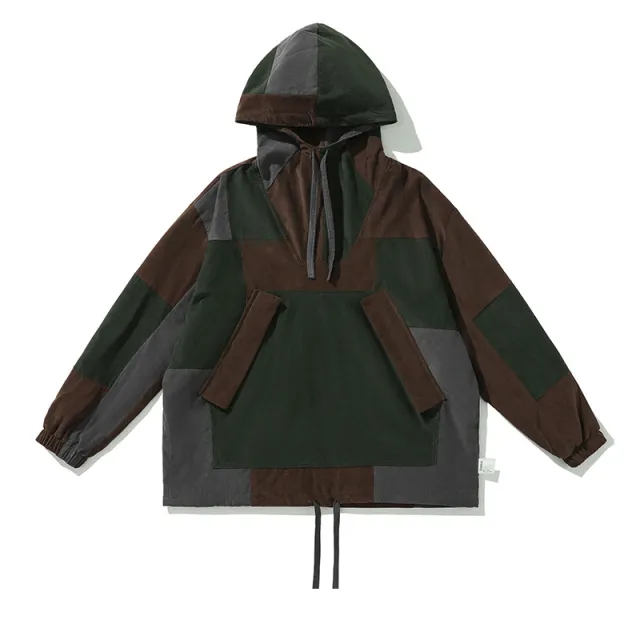 Autumn Mountain Outdoor Stitching Corduroy Color Block Hooded Jacket Dark Brown - Shop at LoveMi