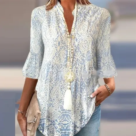 European American Fashion Floral Print Small V neck Stitching Lotus Half sleeve Shirt Light Blue - Shop at LoveMi