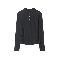 American Button Round Collar Design Fashion Slim Fit Slimming Bottoming Shirt Long Sleeve - Black - View 1