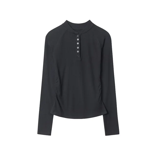 American Button Round Collar Design Fashion Slim Fit Slimming Bottoming Shirt Long Sleeve Black - Shop at LoveMi