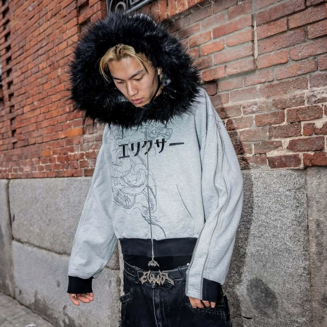Men's Fur Collar Hooded Zipper Printed Sweatshirt