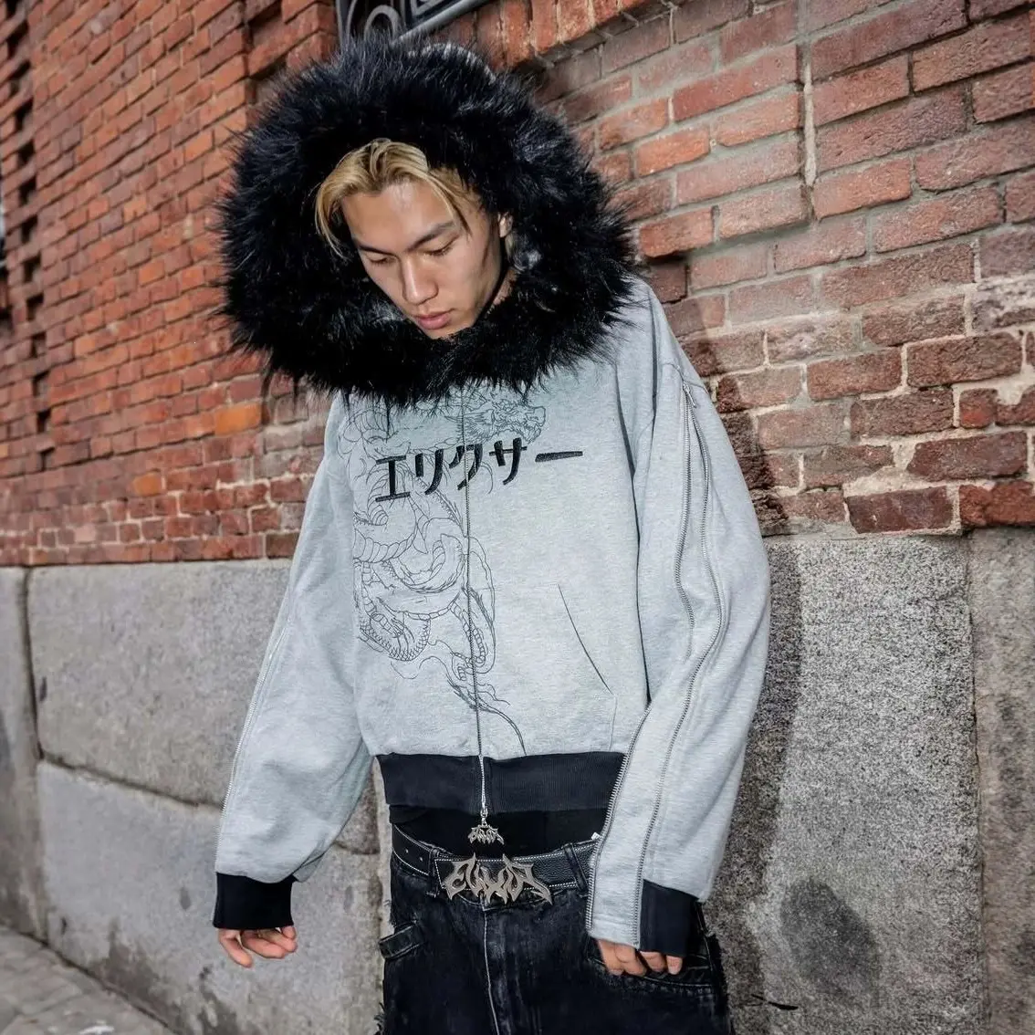 Men's Fur Collar Hooded Zipper Printed Sweatshirt