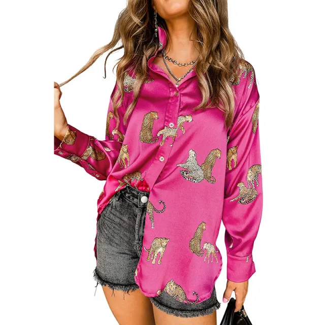 Autumn Solid Color Satin Long Sleeve Cardigan Thin Personalized Animal Print Shirt For Women Red - Shop at LoveMi