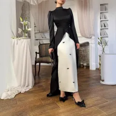 Pleated Stitching Contrast Color Long Sleeves Dress - Black - View 1