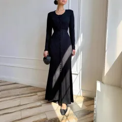 Casual Crew-neck Long-sleeve Sweater Loose-fitting Knit Bodycon Dress - Black - View 1