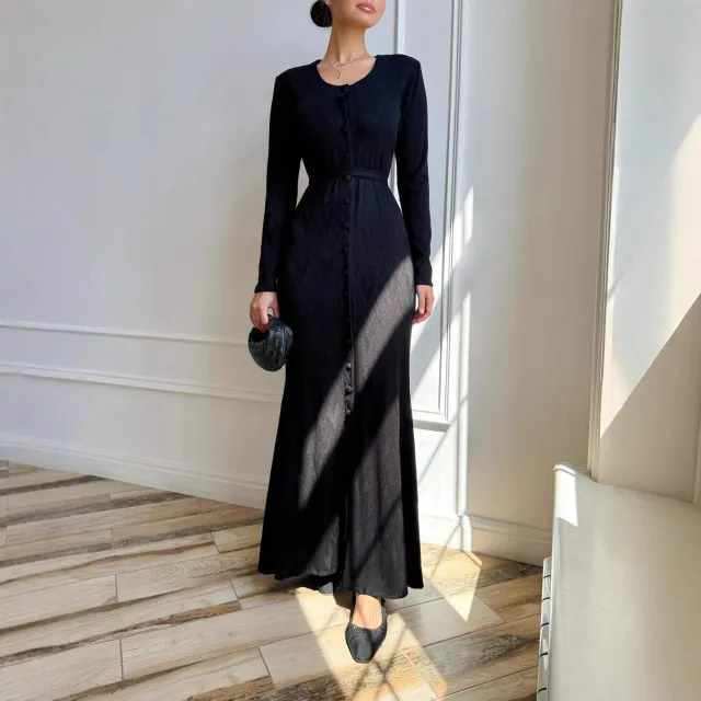 Casual Crew neck Long sleeve Sweater Loose fitting Knit Bodycon Dress Black - Shop at LoveMi