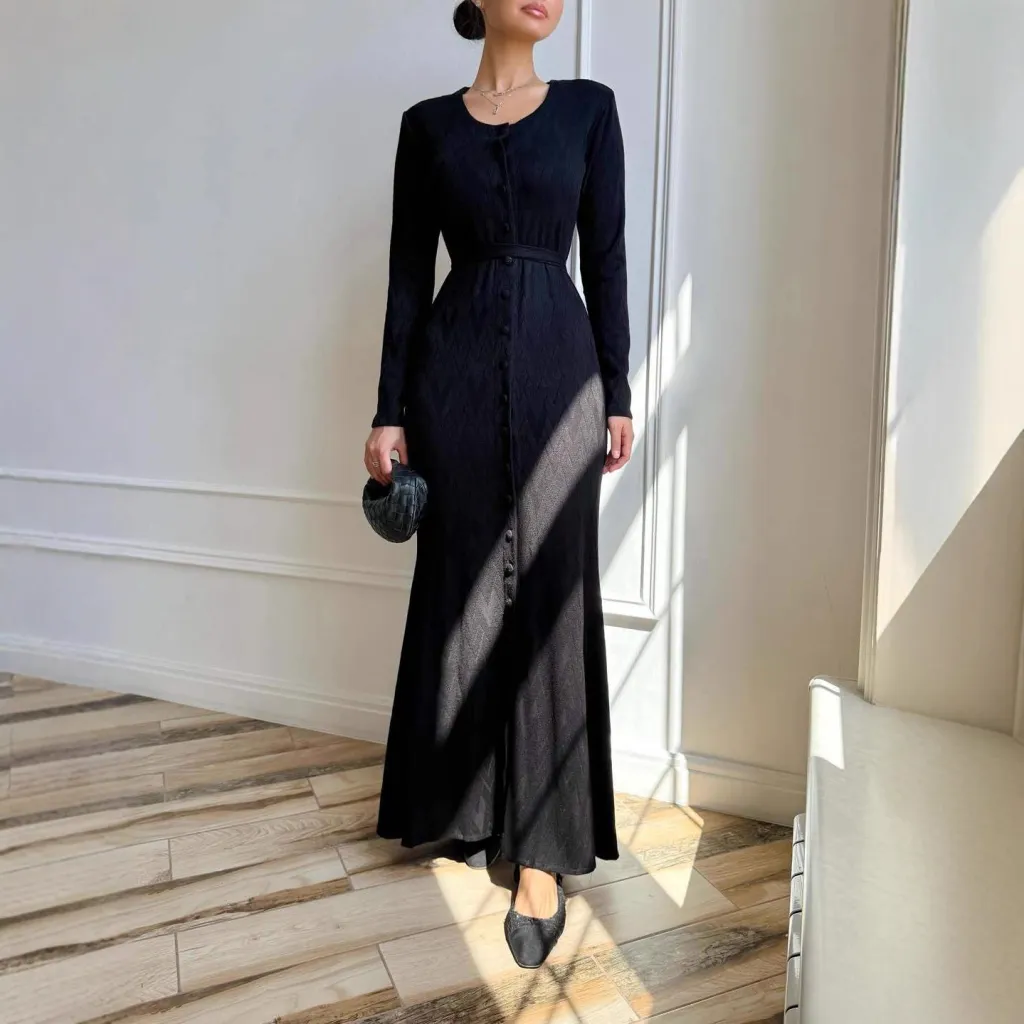 Casual Crew-neck Long-sleeve Sweater Loose-fitting Knit Bodycon Dress - Black