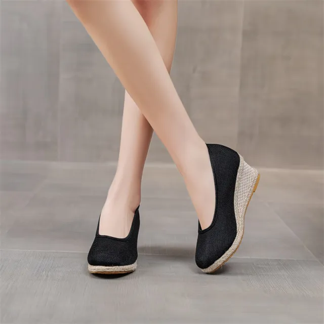 Fashion Breathable Low cut Linen High Heel Pumps Black - Shop at LoveMi