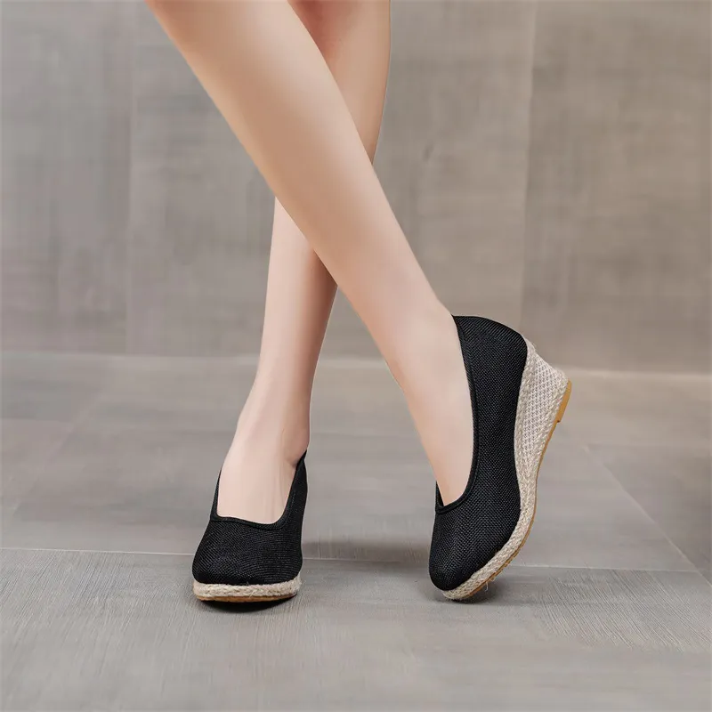 Fashion Breathable Low-cut Linen High Heel Pumps - Black