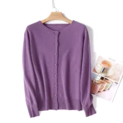 Spring And Autumn New Simple Women's Wool Round Neck Thin High-grade Outerwear Knitted Coat - Violet - View 1
