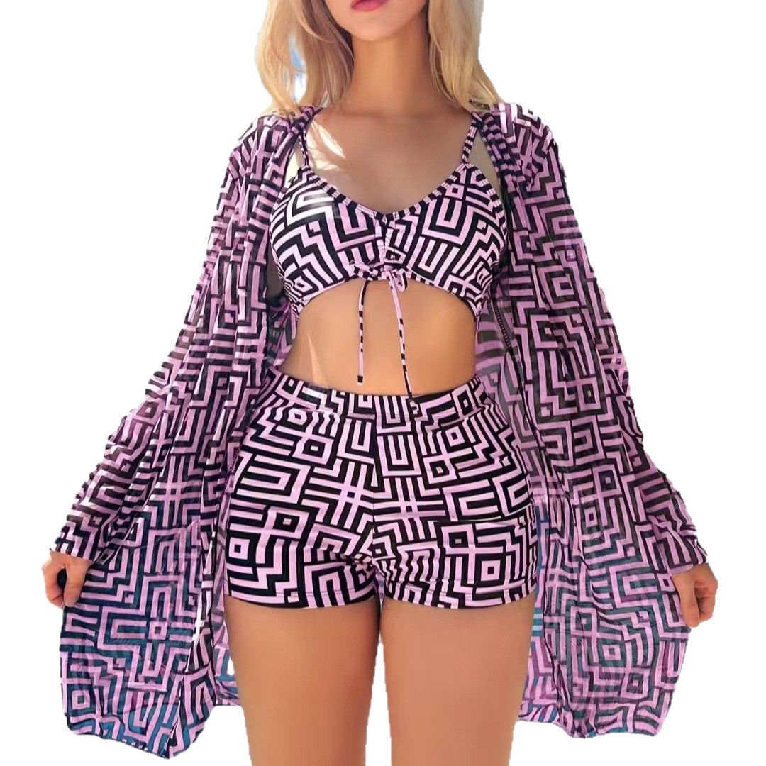 Swimsuit Plus Size Multicolor Plaid Printed Split Three-piece Suit - Image 3