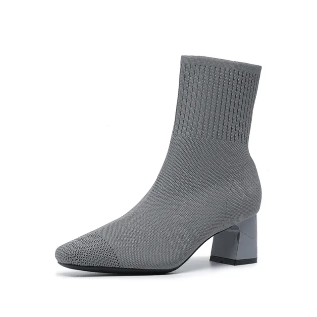 Elastic Chunky Heel Thin Boots Knitted Sock Boots Gray - Shop at LoveMi