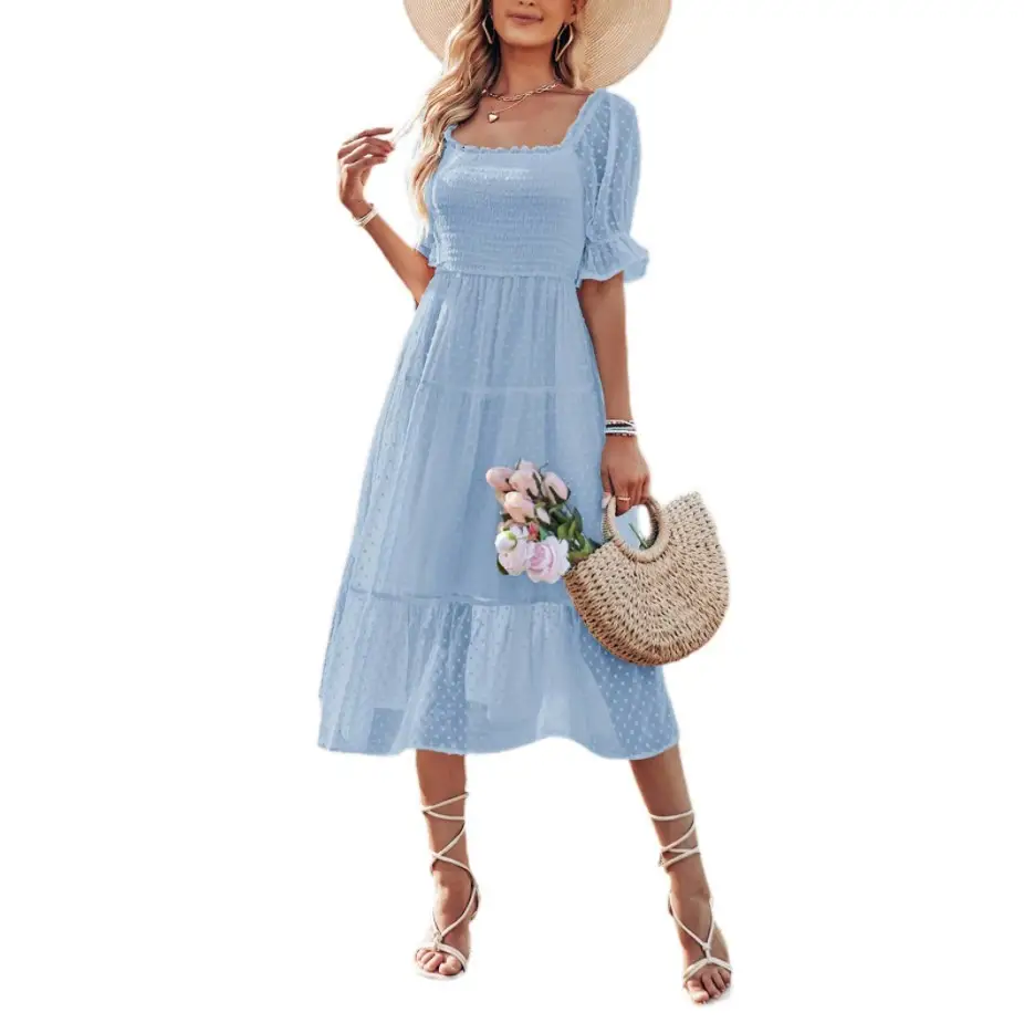 Women's Square Neck Midi Dress with Short Sleeves and Tiered Skirt