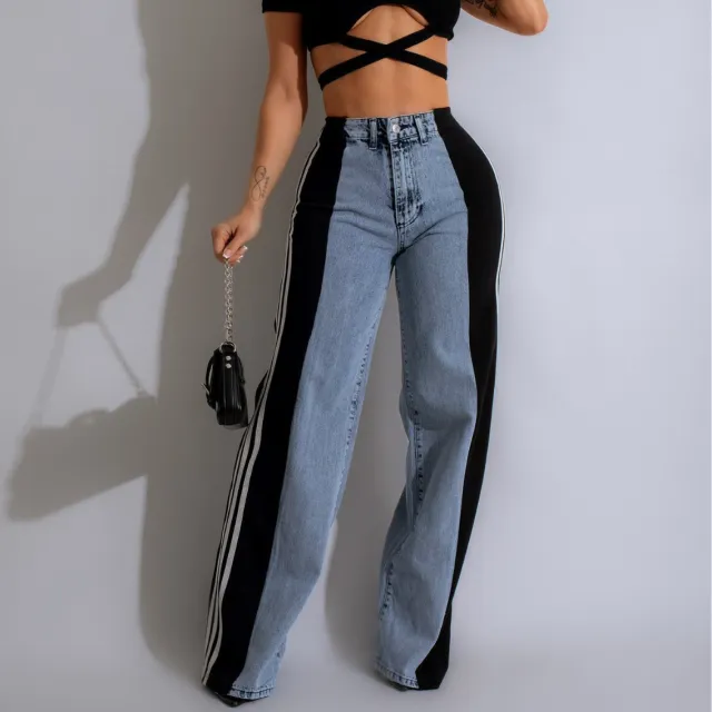 Summer Fashion Stitching Three Striped Wide Leg Denim Trousers For Women Blue Cowboy Black G0668 - Shop at LoveMi