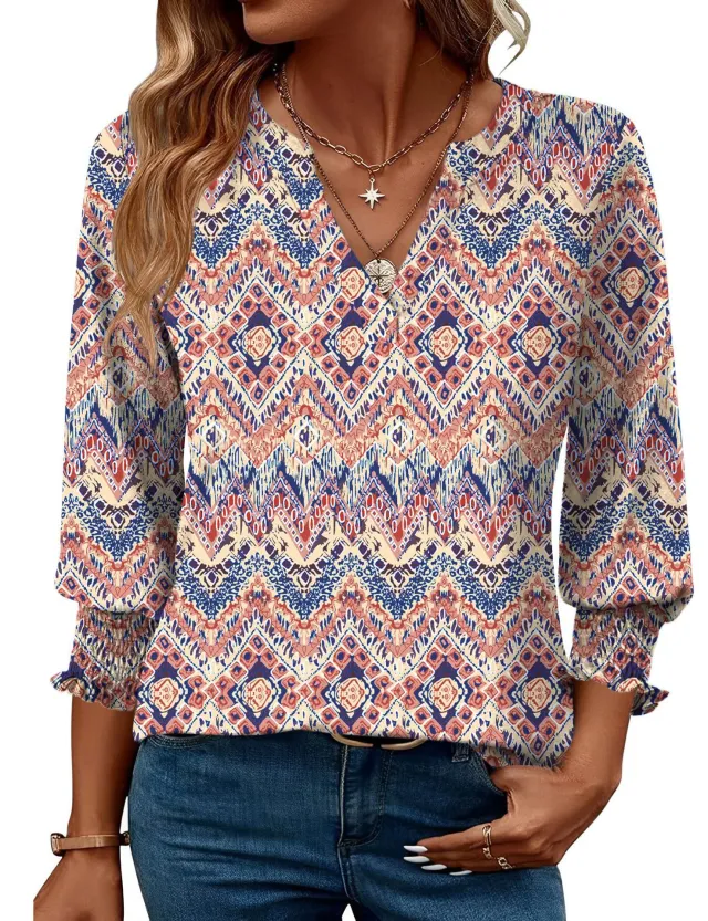 Fashion Tops Three quarter Sleeve Flower Print Casual Shirt Orange - Shop at LoveMi