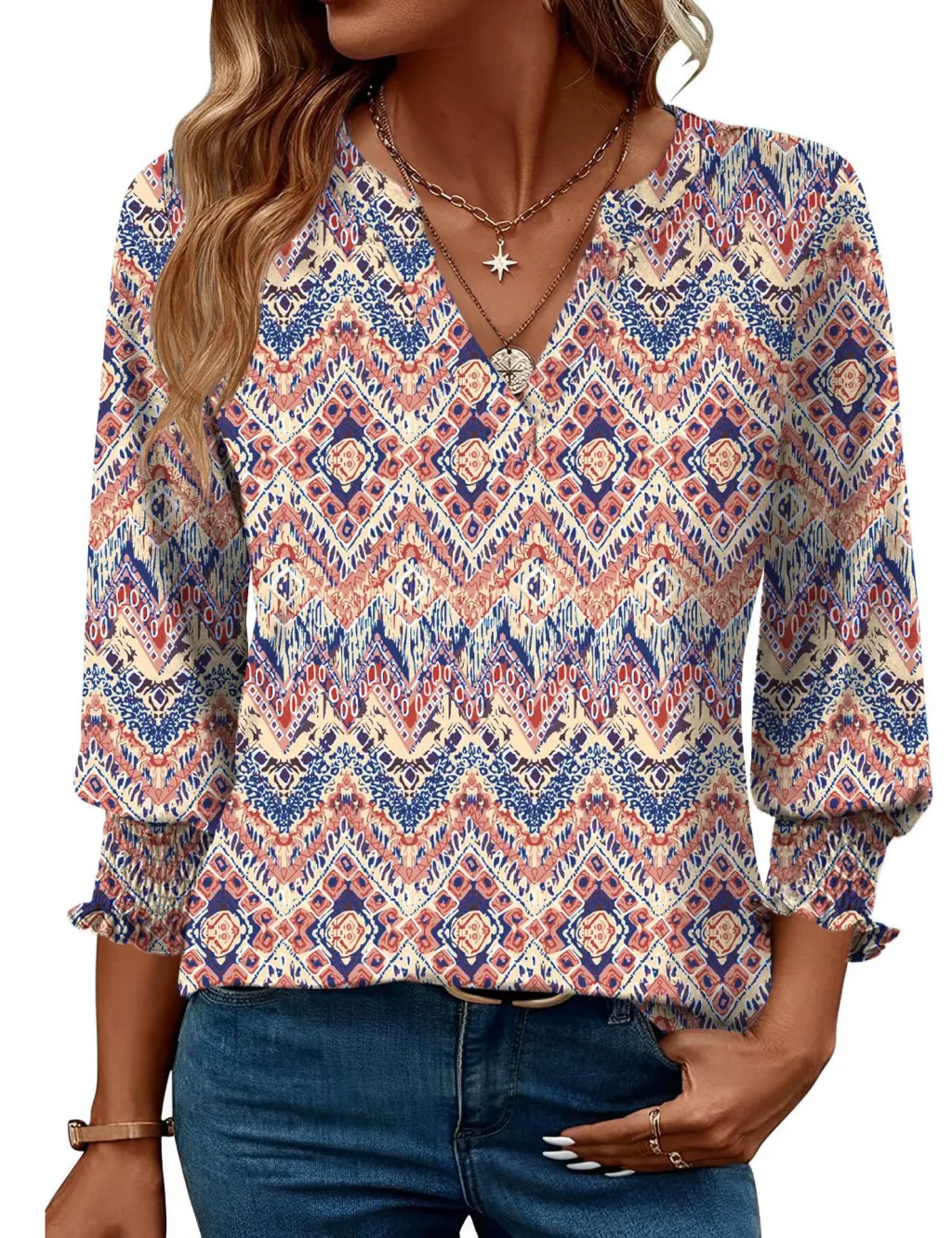 Fashion Tops Three-quarter Sleeve Flower Print Casual Shirt - Bohemian Orange
