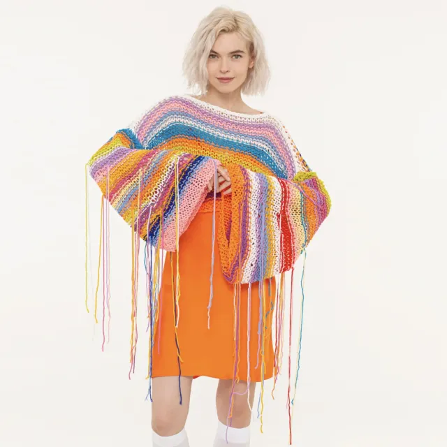 Women's Clothes Rainbow Tassel Vacation Style Loose Sweater Orange - Shop at LoveMi