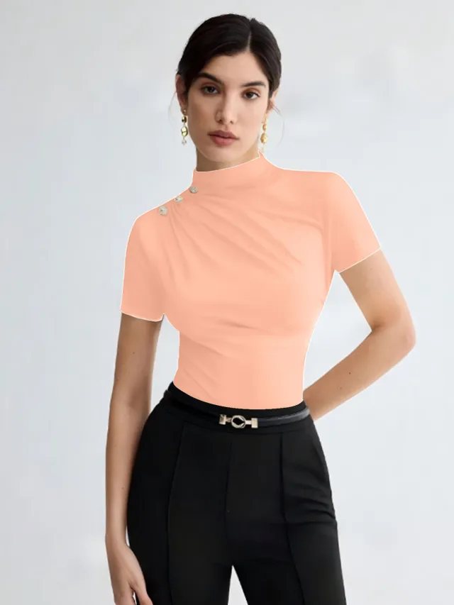 Women's Summer Solid Color Elegant Pleated Short Sleeves T shirt Pink - Shop at LoveMi