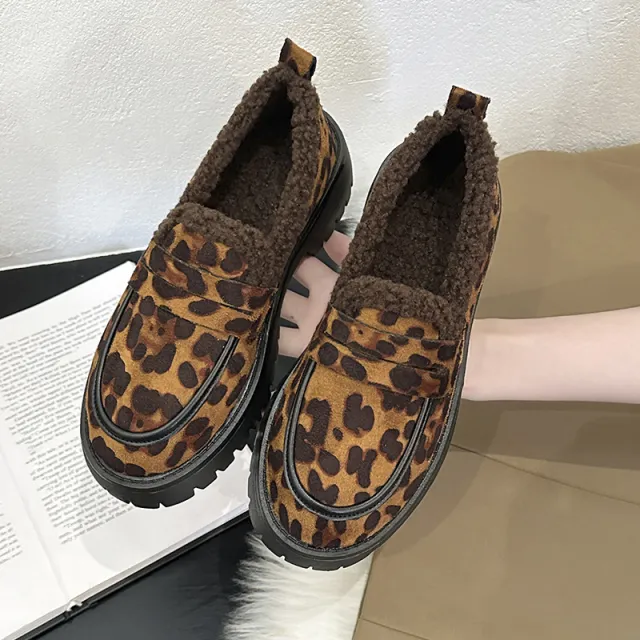 Plus Size Fleece Lined Loafers Leopard Print British Style Yellow - Shop at LoveMi