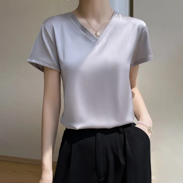 Summer Acetate Satin V neck Short sleeved T shirt Women's Top Gray - Shop at LoveMi