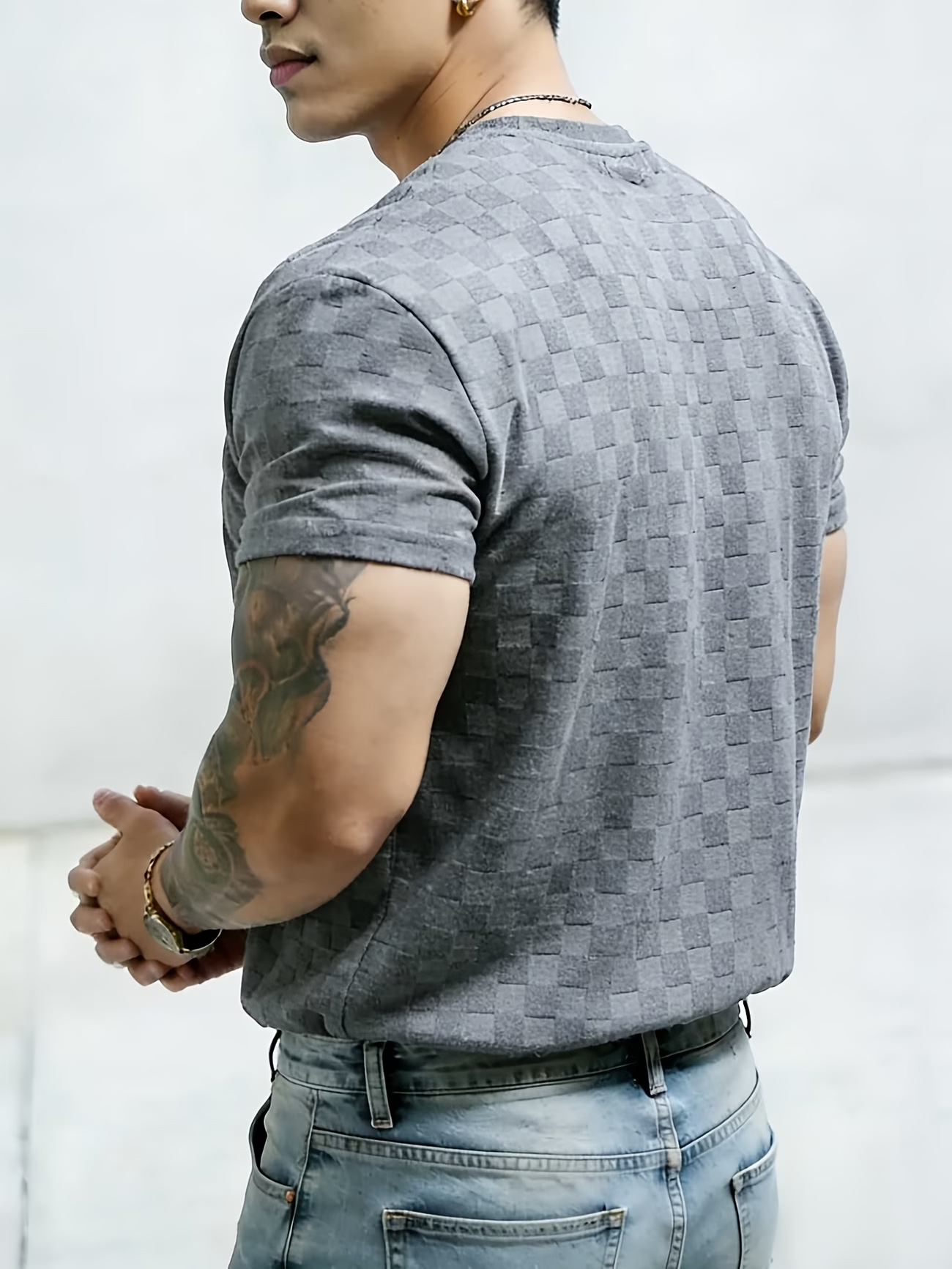Mens Summer Checkerboard Jacquard Short-Sleeve Shirt