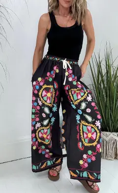 Women's Lace-up Denim Print Pocket Baggy Pants - Black - View 1