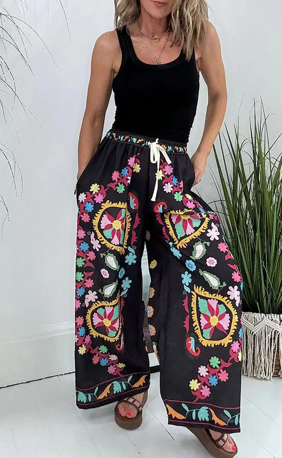 Women's Lace up Denim Print Pocket Baggy Pants Black - Shop at LoveMi