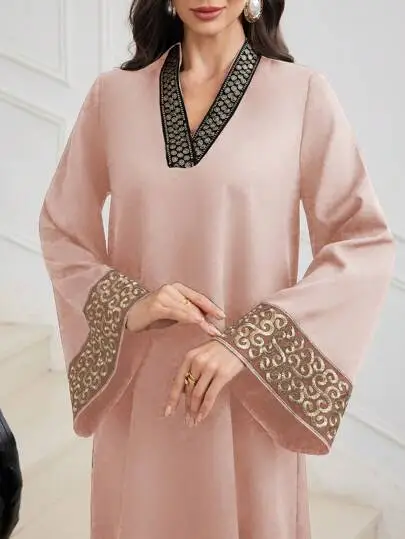 Embroidered Trim Patchwork V neck Waist Flared Dress Pink - Shop at LoveMi