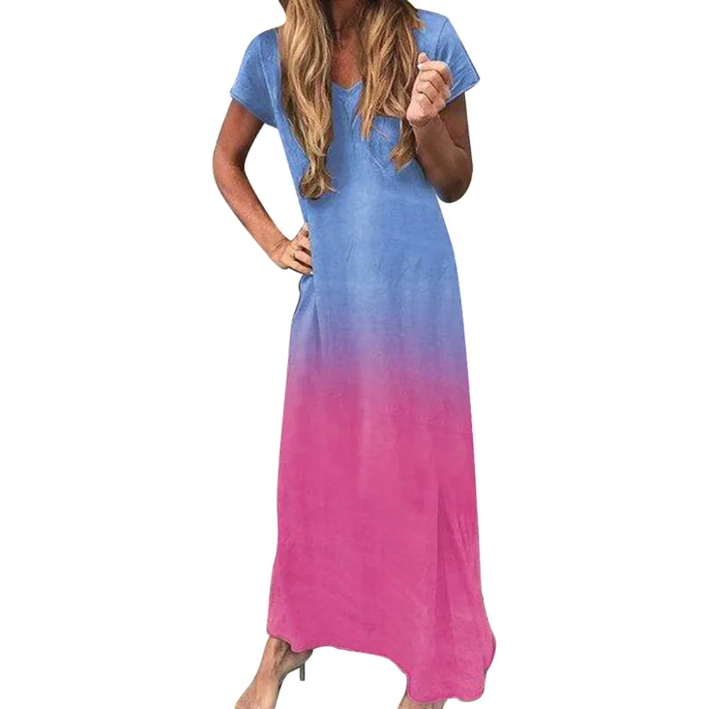 Women V-Neck Short Sleeve Tie-dye Gradient Print Maxi Color Block Bohemia Dress Summer Dresses Casual Beach Dress Long L11# (3)