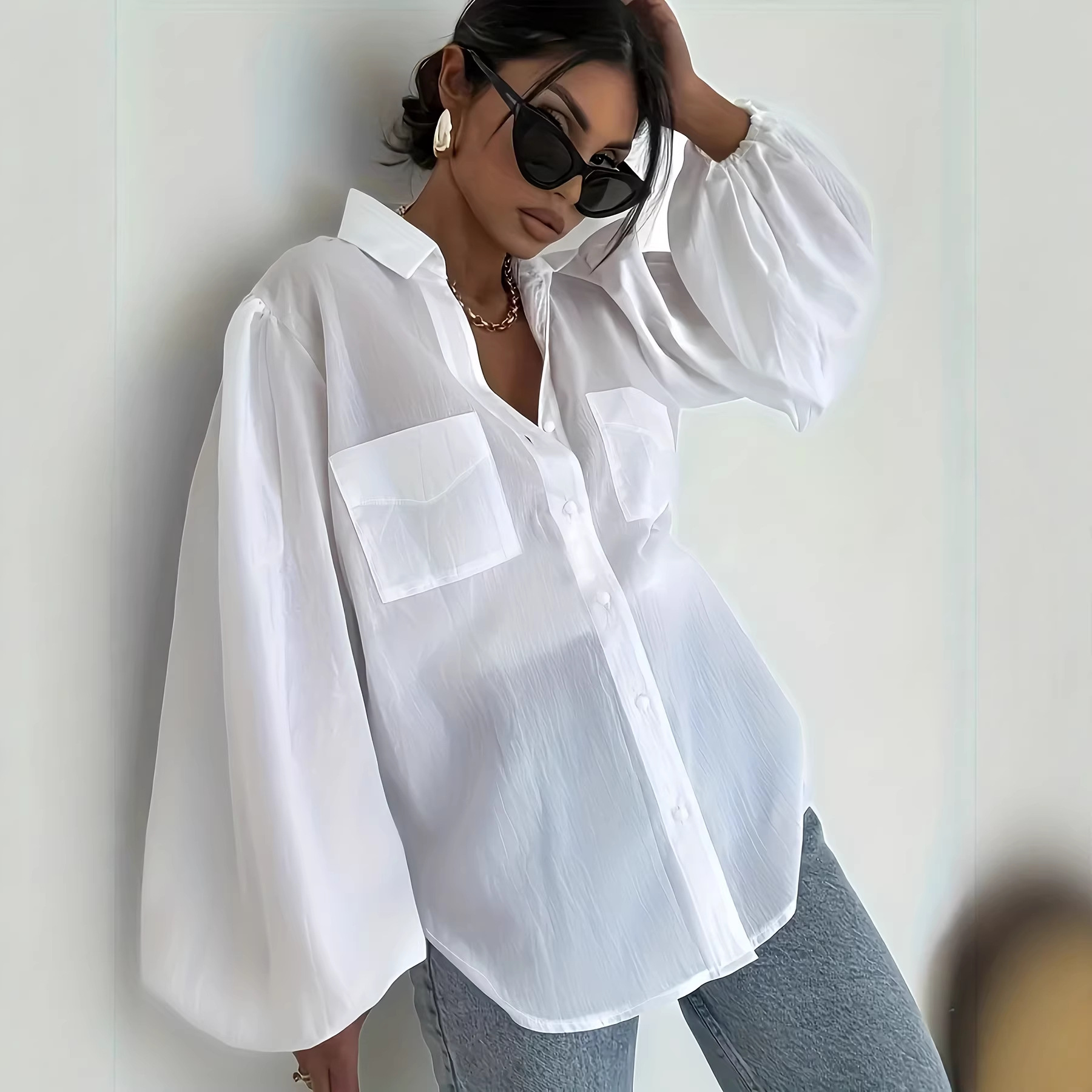 Solid Long Sleeve Cardigan Shirt with Flap Pockets
