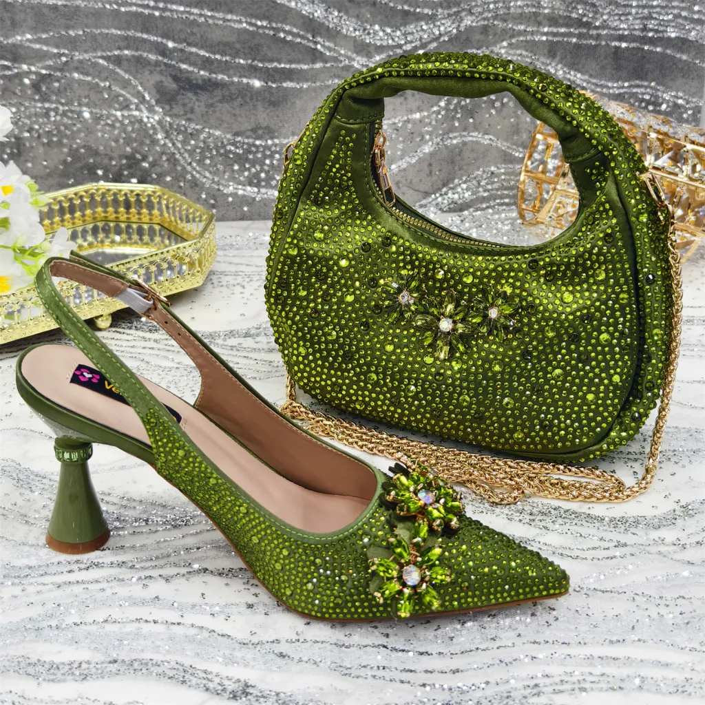 Pointed Toe High Heel Rhinestone Flower Shoes With Handbag Soft - Olive