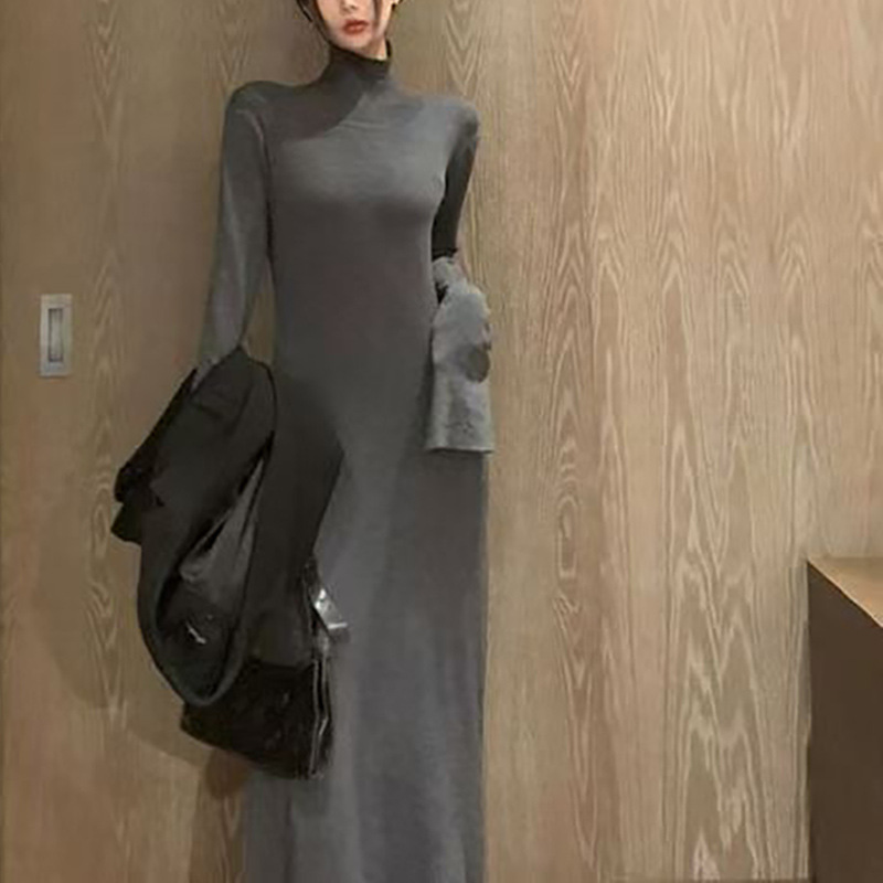 French Lazy Style High neck Dress Women's New Slim fit Inner Wear Gray - Shop at LoveMi