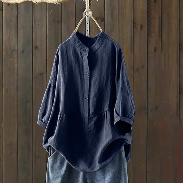 Mandarin collar Single breasted Traditional style Solid color Long sleeve Pullover Shirt Navy Blue - Shop at LoveMi