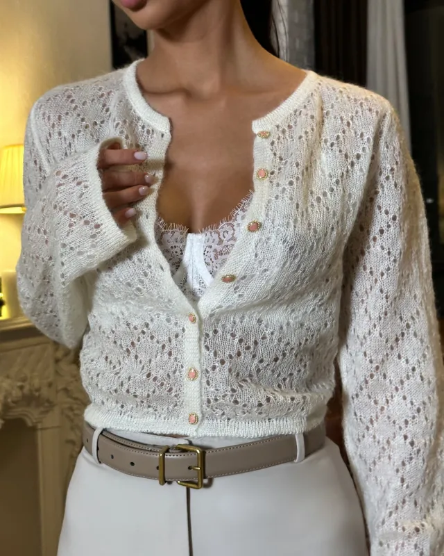 Hollow Knitted Cardigan Casual Long Sleeve Coat Milky White - Shop at LoveMi