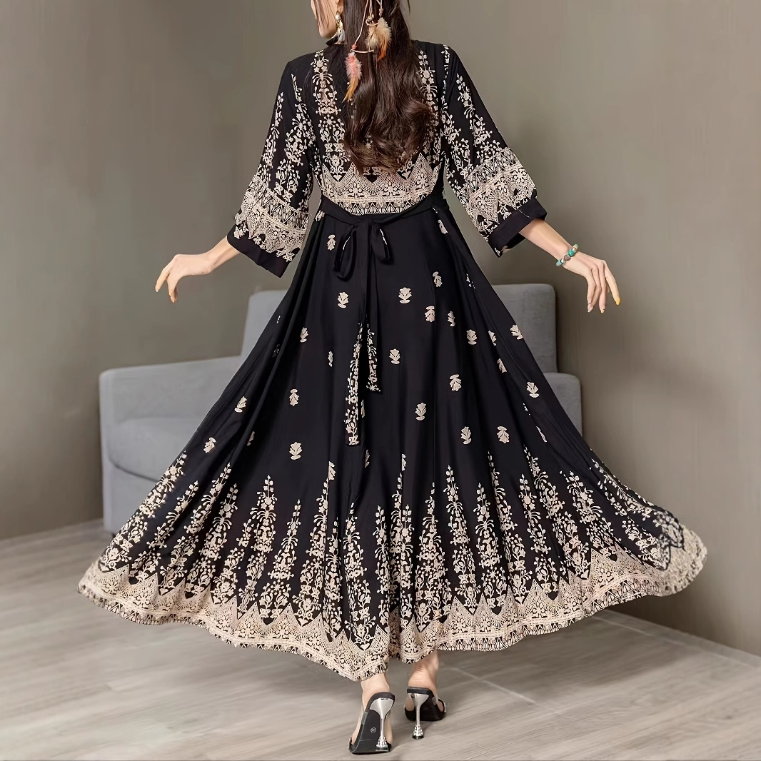 Ethnic Style Flower Printed Literary Retro Pine Casual Dress