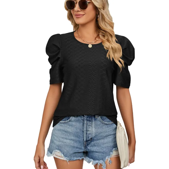 New Solid Color Round Neck Pleated Oversleeves Loose fitting T shirt Top Women Black - Shop at LoveMi