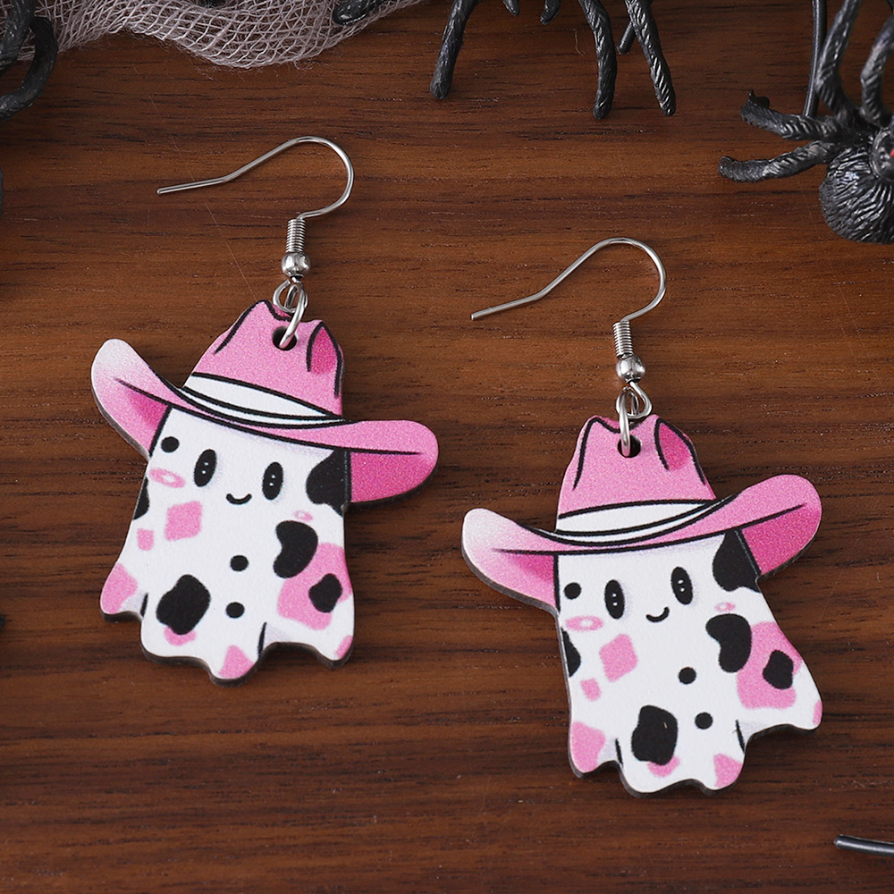 Halloween Cute Western Cowboy Hat Painted Ghost Pendant Earrings