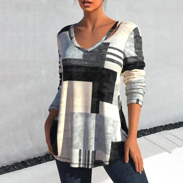 Women's Hollow V Long Sleeve Printed T shirt Shirt Light Gray - Shop at LoveMi