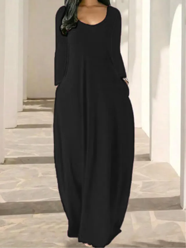 Womens Solid Color Crew Neck Long Sleeve Dress With Pockets Black - Shop at LoveMi