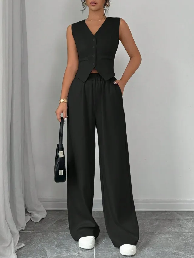 Elegant Button front Sleeveless Vest And Trousers Set Black - Shop at LoveMi