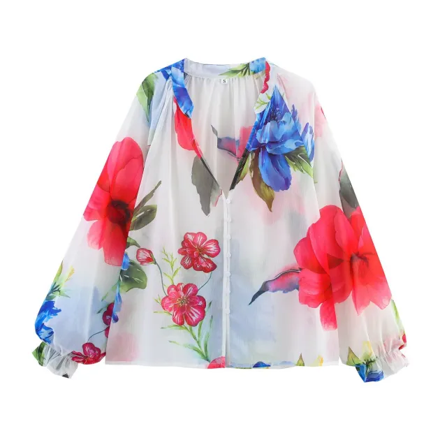 New European And American Style Women's Long Sleeve Loose Chiffon Printed Shirt Picture Color Xs - Shop at LoveMi